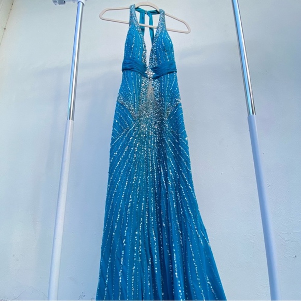 Y2K 100% Silk Pacific Blue Beaded Halter Gown Size 8